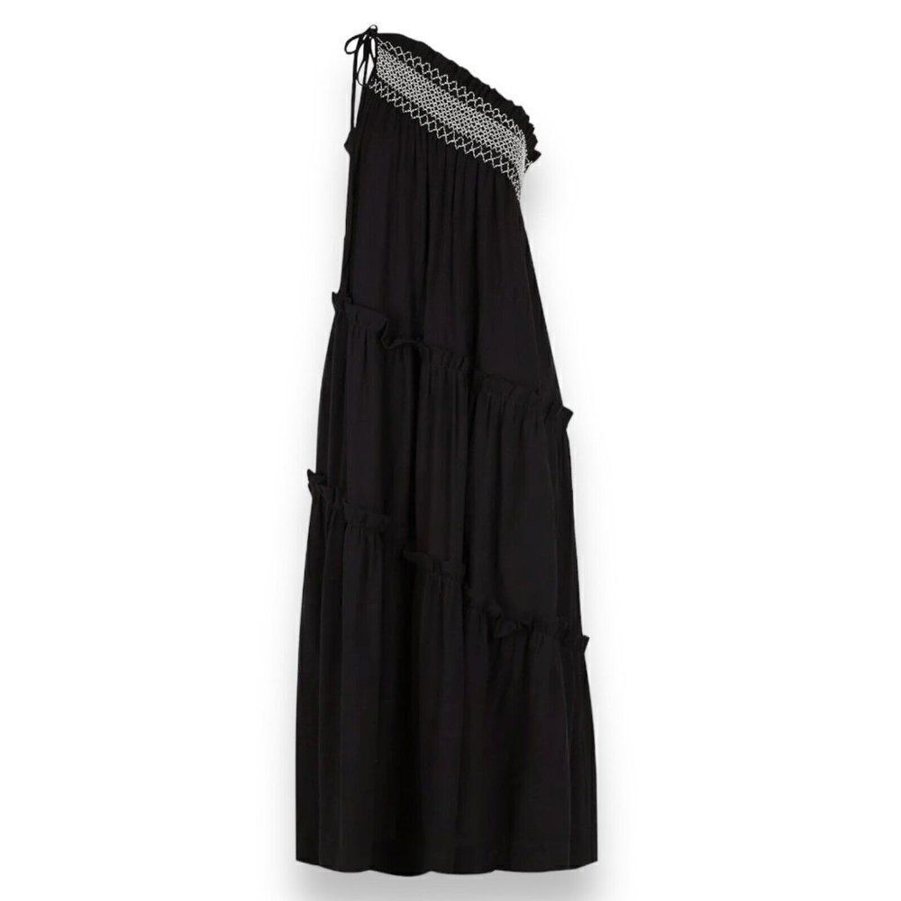 SHONA JOY Dress WMNS 6 Black Midi Leda One Shoulder Tiered *MISSING WAIST TIE*